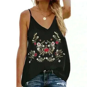 Tecrew Black Flowy Speghetti Strap Embroidered Floral Tank Top, S